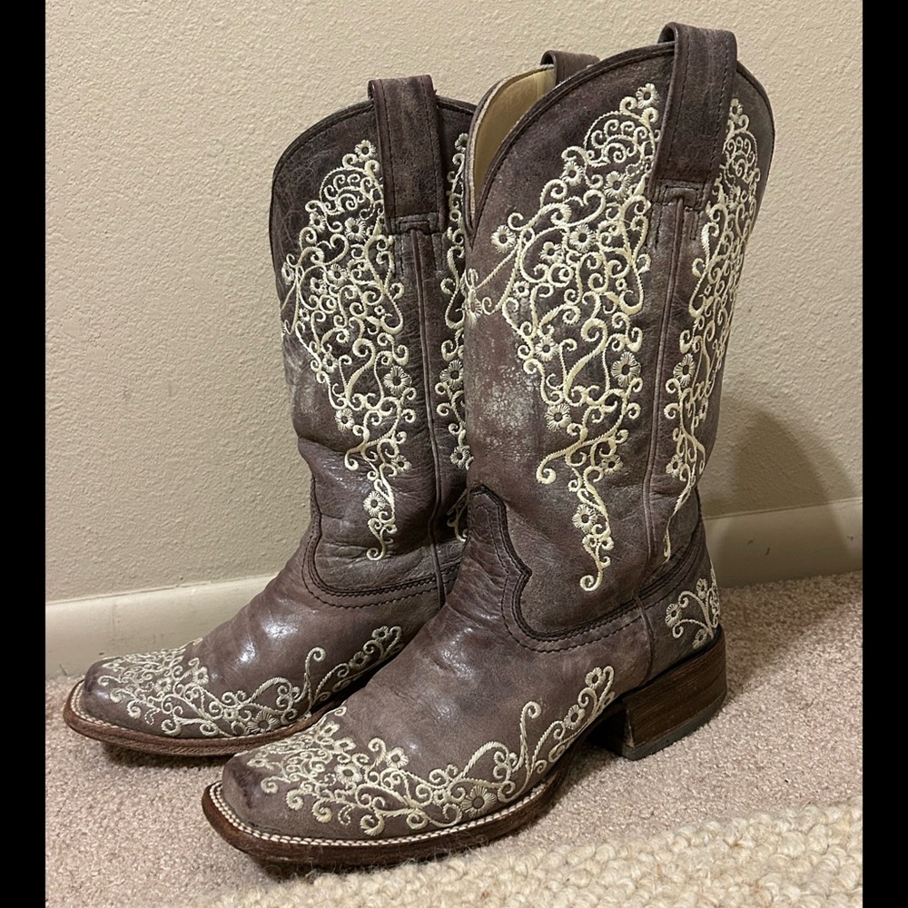 Corral Crater Bone Embroidered Western Boots Square Toe Distressed Wm Sz 8